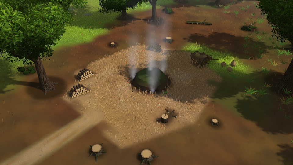 A clearing in the woods where charcoal burners work, smoke rising from a mound.