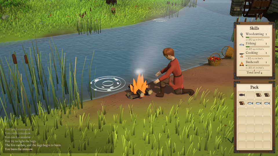 A player kneeling to cook at a fire on the riverbank.