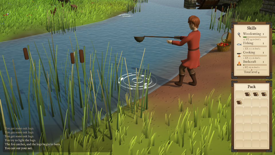 A player in red casting a net into the river where the water ripples, among the reeds.