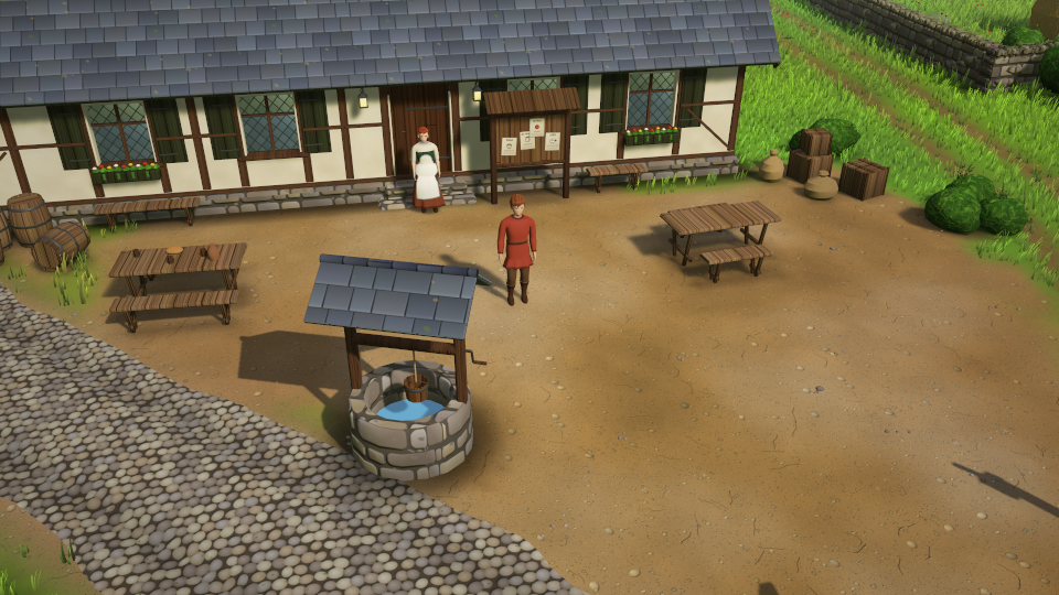 The yard before the Kettle inn: tables and benches, a well, and a few people about.