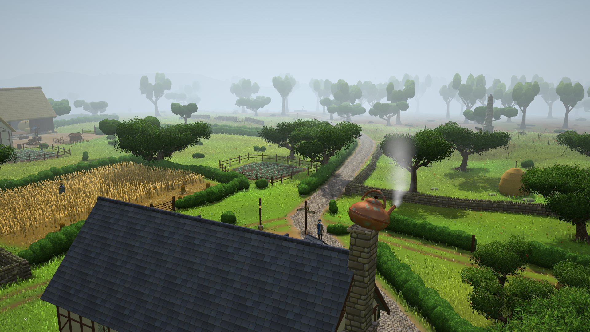 The Kettle inn's chimney, topped with a steaming copper kettle, above a cobbled road that runs between a wheat field and hedges toward a distant memorial.