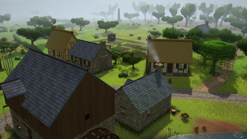 Millbrook from above: a watermill, stone and timber cottages with smoking chimneys, and a vegetable garden.